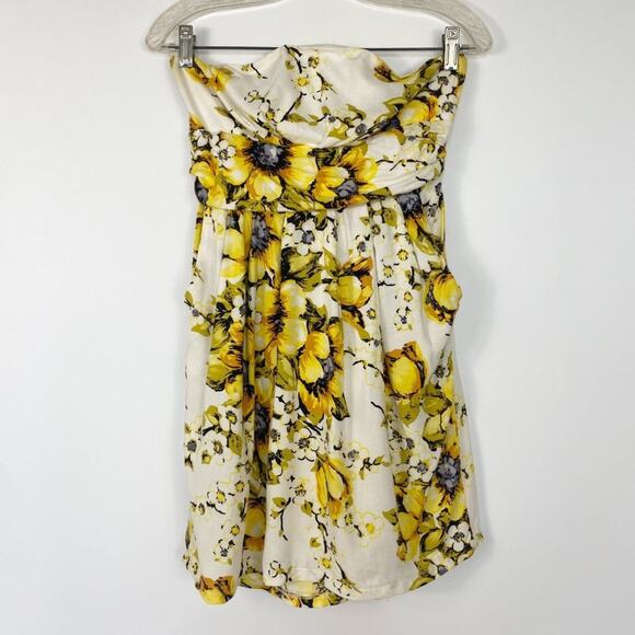 Forever 21 Flower Print Strapless Mini Dress Cream Yellow Sundress - Picture 2 of 11
